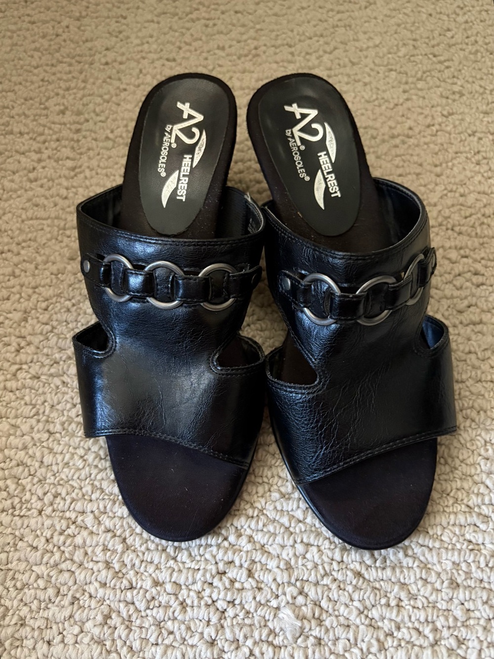 A2 By Aerosoles Black Leather Slip-On Sandals with Chain Accent